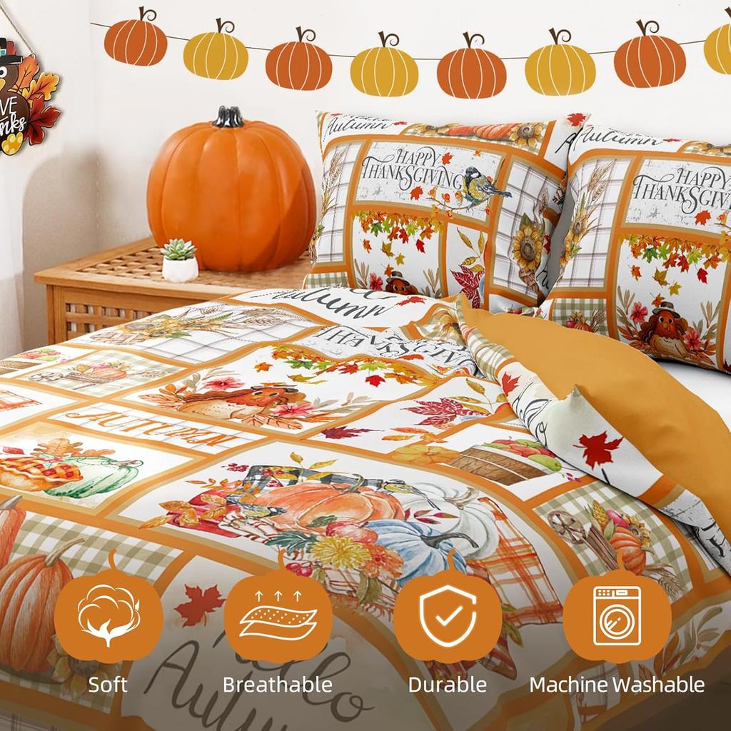 Thanksgiving Patchwork Duvet Cover Set King SizeFall Farm Duvet Cover Turkey Pumpkin Sunflower CoverAutumn Harvest Themed