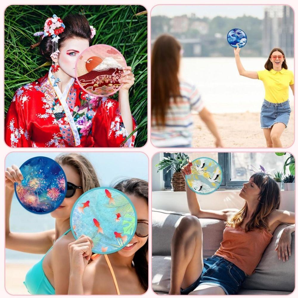 Japanese Oil Painting Portable Cooling Fan Polyester Round Handheld Fan  Campus Travel