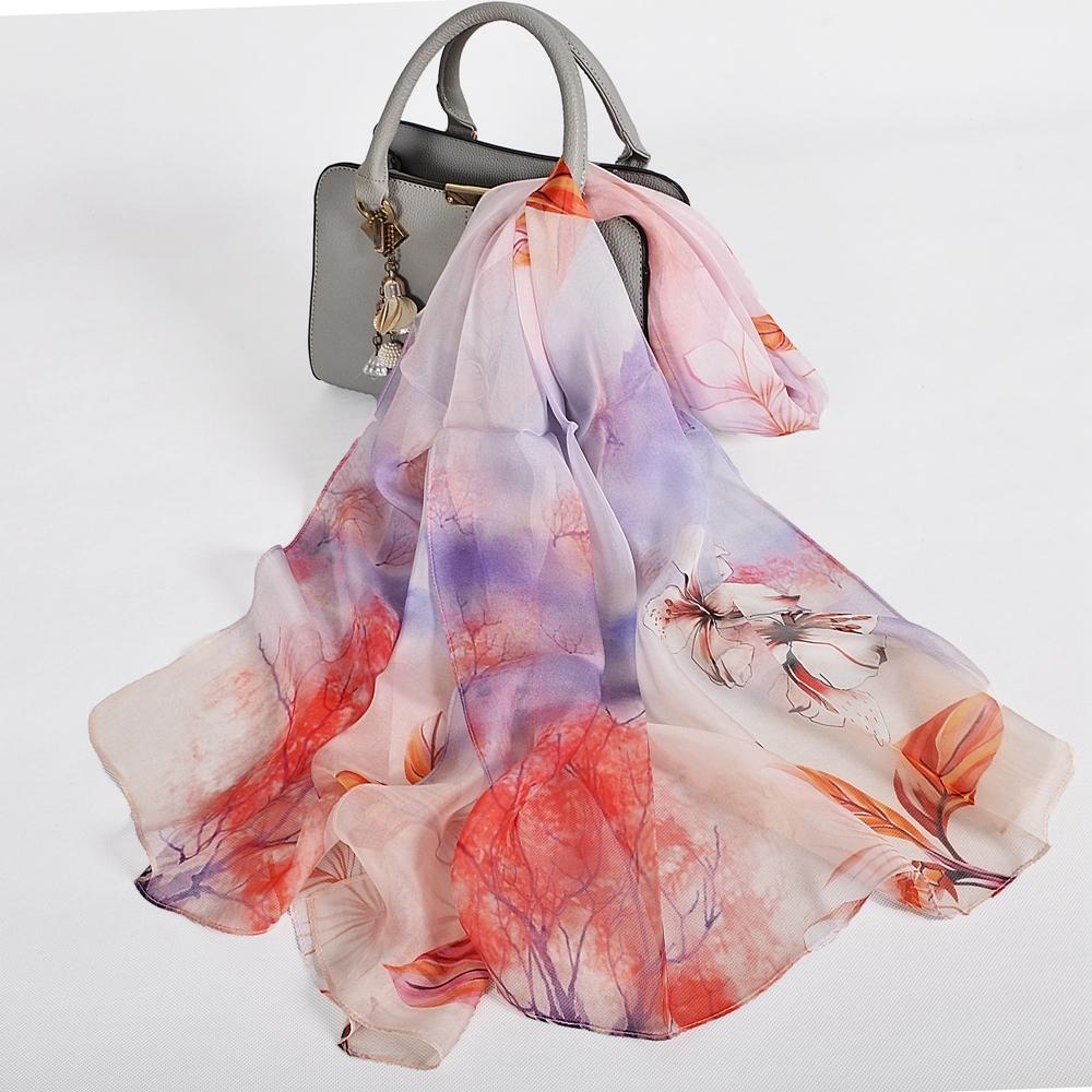 [BYSIFA] 100% Silk Chiffon Scarf Female Brand Leaves Design Grey Khaki Long Scarves Beach Shawls Fall Winter Women Neck Scarves
