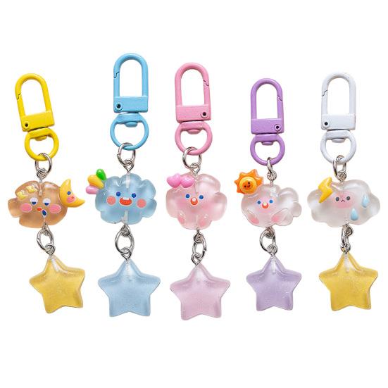 5Pcs Keychain Soft Expression Cloud Glitter Star Charm Key Chain Pendant with Alloy Buckle Schoolbag Decoration