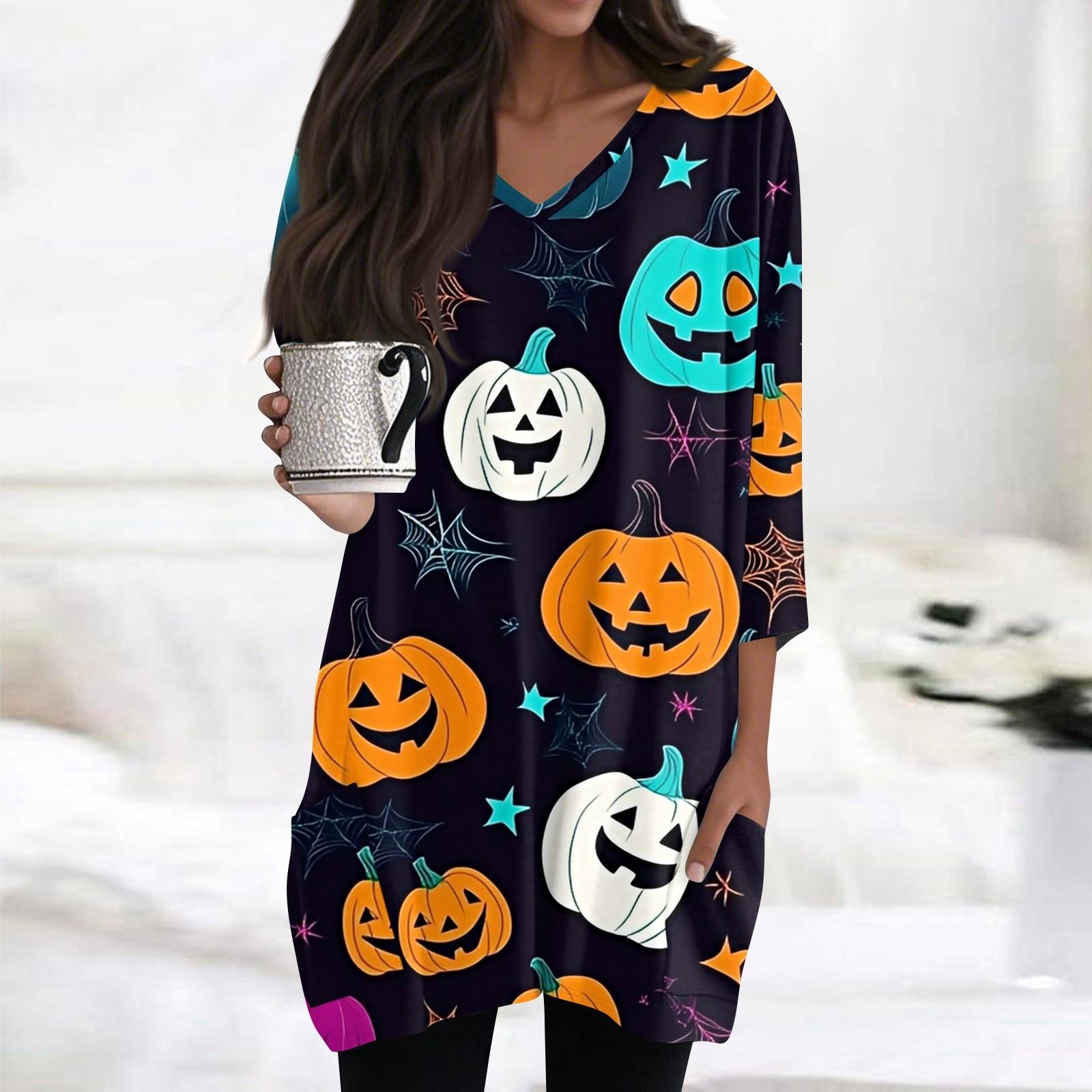 

Женские топы с V-образным вырезом и рукавом 3/4, повседневные блузки средней длины, модные туники с принтом на Хэллоуин и карманами M циан