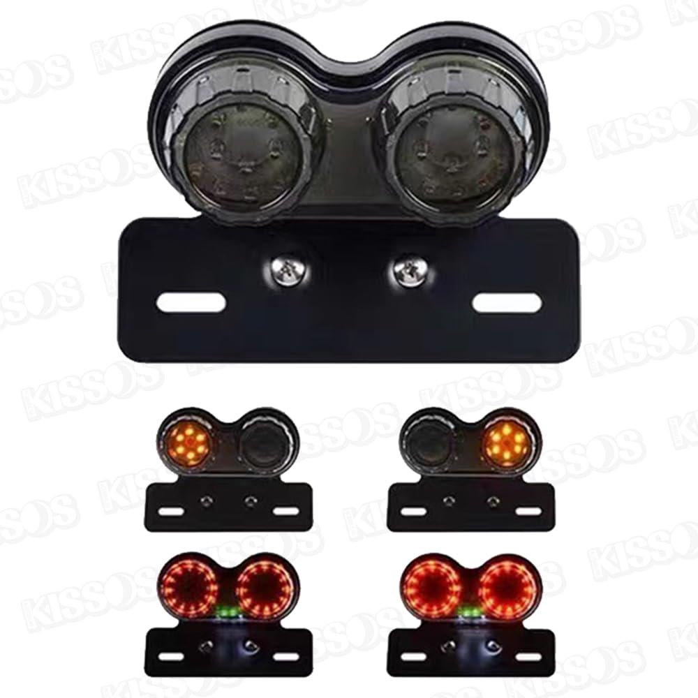 Motorcycle LED Twin Tail Lights with Integrated License and Turn 12V Universal Mounting Bracket Brake, Plate, Signals, (Red)