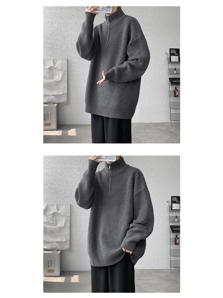 Men's Korean Style Loose Lapel Half-Zip Knit Sweater - Solid Color Pullover