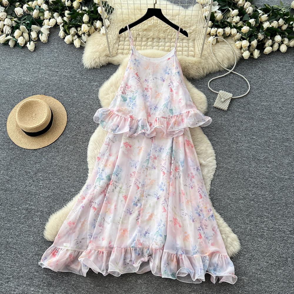 French Holiday Style Floral Temperament Dress Women's Summer Sleeveless Ruffle Edge Thin Temperament Long Dress