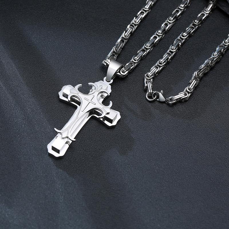 Vnox męski naszyjnik z krzyżem z 4MM bizantyjskim łańcuszkiem, Punk Rock katolicki krucyfiks ze stali nierdzewnej wisiorek biżuteria religijna