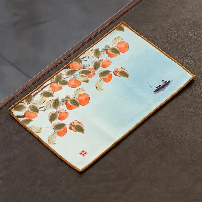 Chinese Painted Flower Pattern Thickened Tea Towel Plush Imitation Deerskin Absorbent Water Rag Tea Napkins Cloth Tea Ceremony