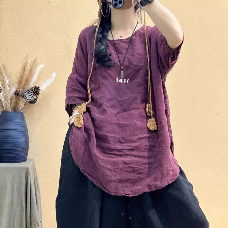 Korean Style Loose-Fit Retro Ramie Short Sleeve T-Shirt for Women - Plus Size, Mid-Length, Washed Linen