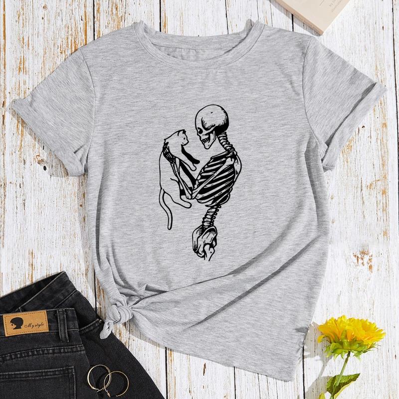 

Летние женские свободные хлопковые футболки с принтом скелета кошки большого размера с круглым вырезом и короткими рукавами для женщин 3XL светло-серый