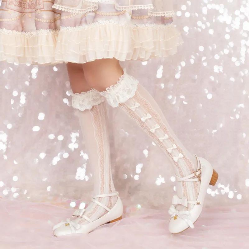 Weiße Spitzen Mid-Calf Socken mit Schleife - Lolita-Stil