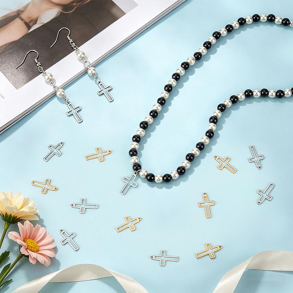 40Pcs 2 Colors 304 Stainless Steel Pendants Hollow Cross Charm Golden & Stainless Steel Color 18x10.5x0.9mm Hole: 1.2mm 20pcs/set