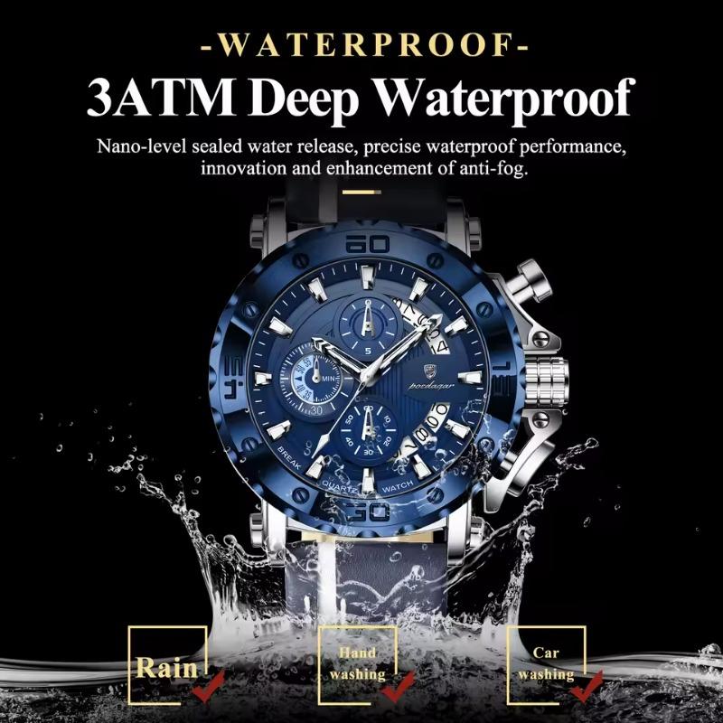 POEDAGAR Sportuhren für Herren Wasserdicht Leuchtend Datum Uhr Chronograph Leder Quarz Funktionell Armbanduhr Reloj