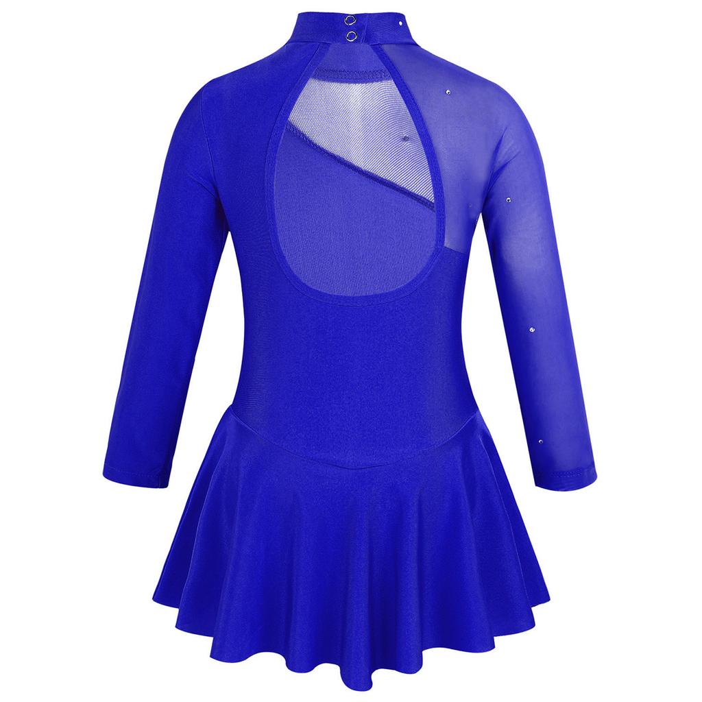 Girls Figure Skating Leotard Long Sleeve Mock Neck Tulle Cutout Design Roller Ballet Costume