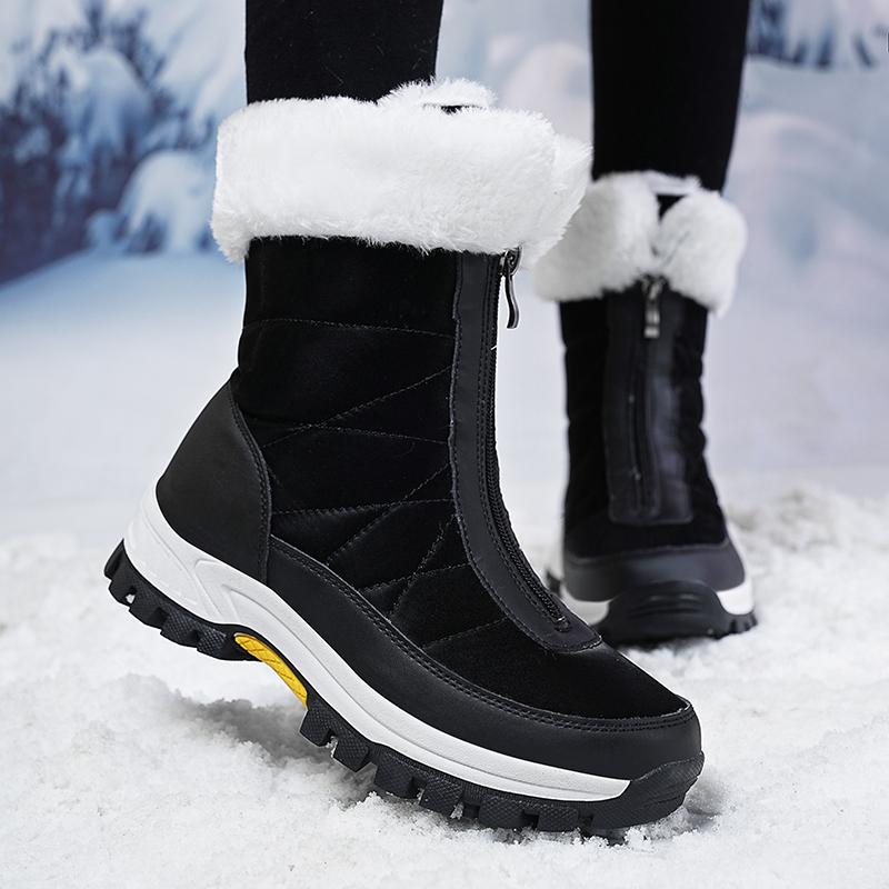 Women's Winter Leather Boots Women Winter Shoes Keep Warm Non-slip Black Snow Boots Ladies Lace-up White Boots
