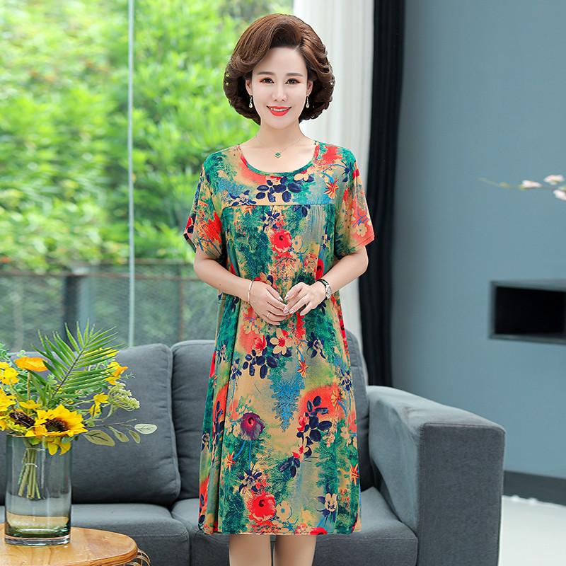 Mom summer dress medium and long pure cotton silk nightdress year-old new Chinese women's knee skirt
