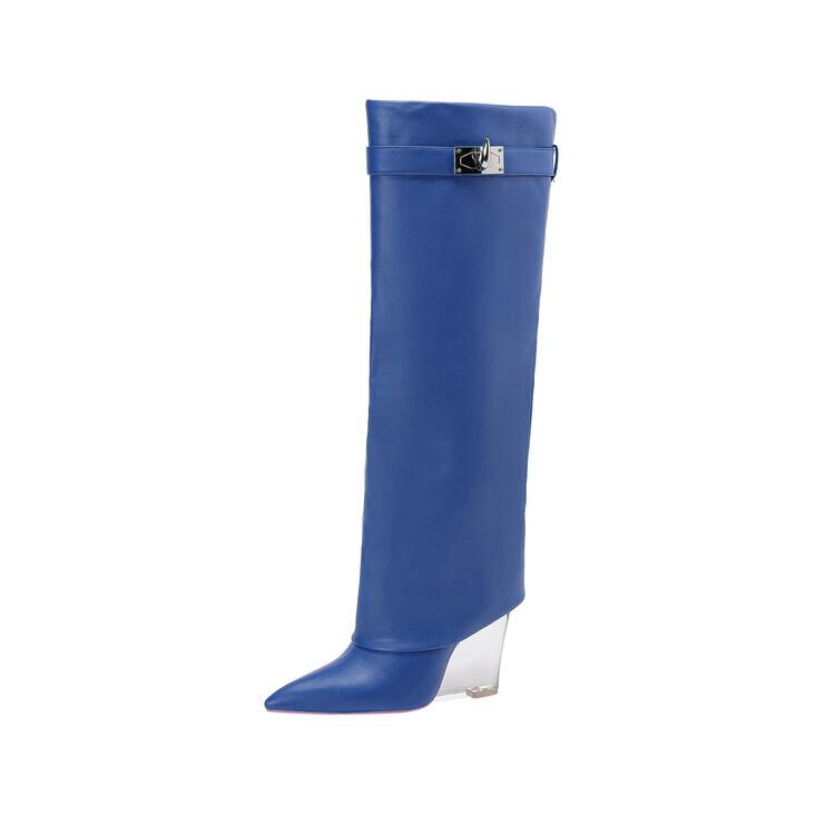 Fashion New Crystal Slope Belt Buckle Decorative Skirts Boots Fashion High Heels Black Red Size 34-43 Knee High Boots Winter Women Shoes