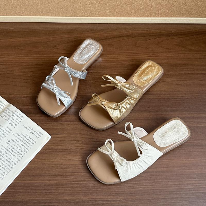 Fairy Wind Bow Outer Slippers Female 2025 Summer New Versatile Thick Heel Square Toe One-word Cool Slippers