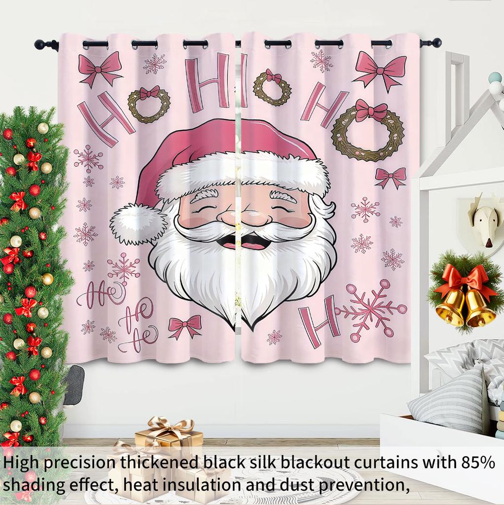 Set Of 2 Pink Santa Claus Printed Curtains Thermal Insulation Multiple Size Living Room Holiday Decoration Light Blocking Made Polyester Machine