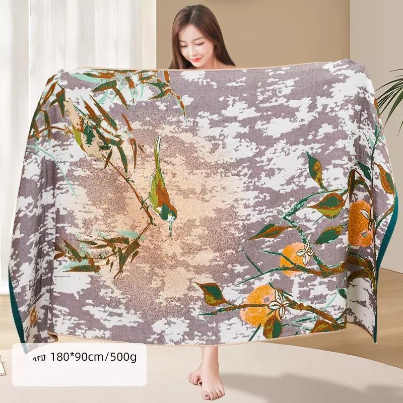 90 × 180cm Extra Large Size Bath Towel,Pure Cotton Gauze Bath Towel Floral Pattern Water-absorbing Quick-drying Soft Bath Towel,1pc