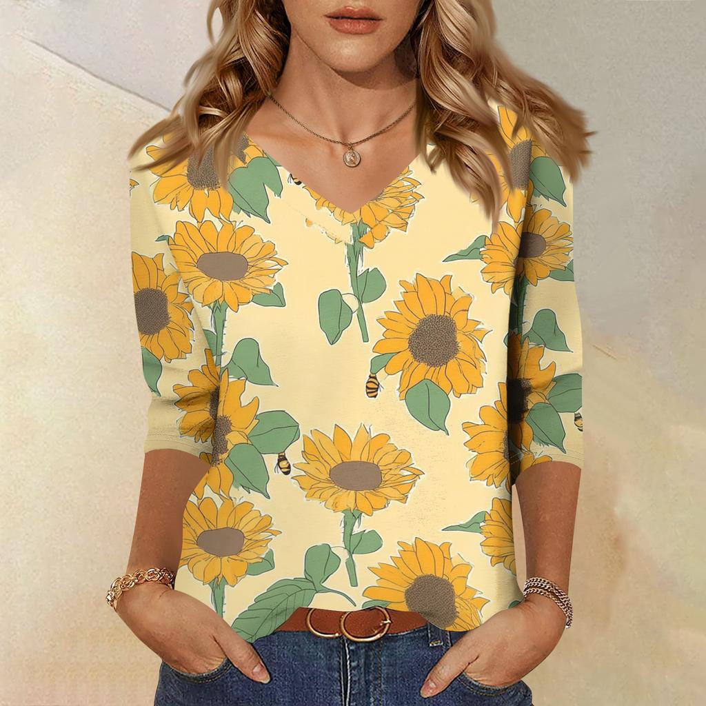 Women's Fashionable Casual V-Neck Three-Quarter Sleeve Printed T-Shirt Top