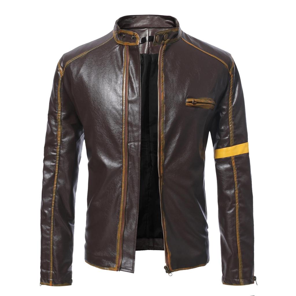 European & American Men's Stand Collar Punk Motorcycle Leather Jacket for Teens and Adults