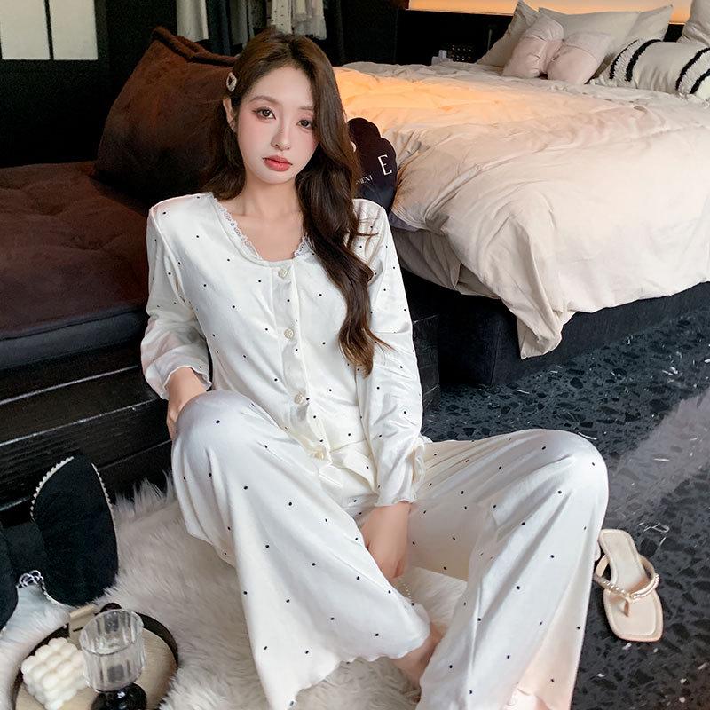 

Женский пижамный комплект из хлопка Sea Island с нагрудными вкладышами - Дизайн с вишневым бантом для ношения весной и осенью дома или на улице - Коллекция 2025 Large