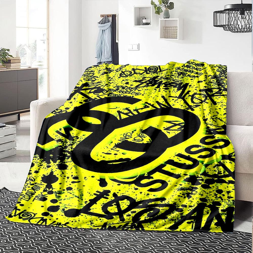 Blue Sky Palm Tree Signature Logo Flannel Blanket, Tropical Summer Beach Style Soft Throw Blanket