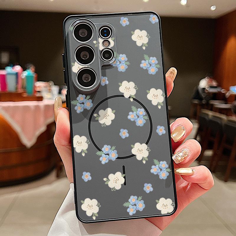 Magnetic For Magsafe Case For Samsung Galaxy S26 Ultra S25 Edge S24 Plus S23 FE S22 A54 A55 A56 5G Blue Flowers Pattern Matte Cover