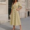 VONDA Womens Casual Lapel Collar Button Down Half Sleeve Office Style A Line Midi Shirt Dress