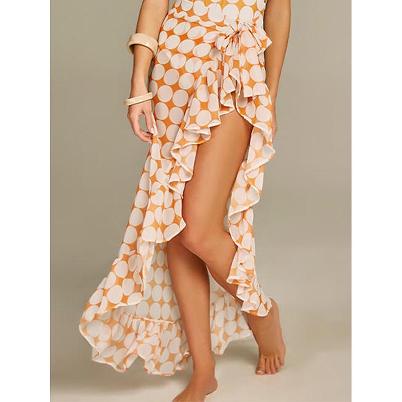 

Европейский и американский стиль для отпуска, юбка миди в горошек с высоким разрезом Medium оранжевый