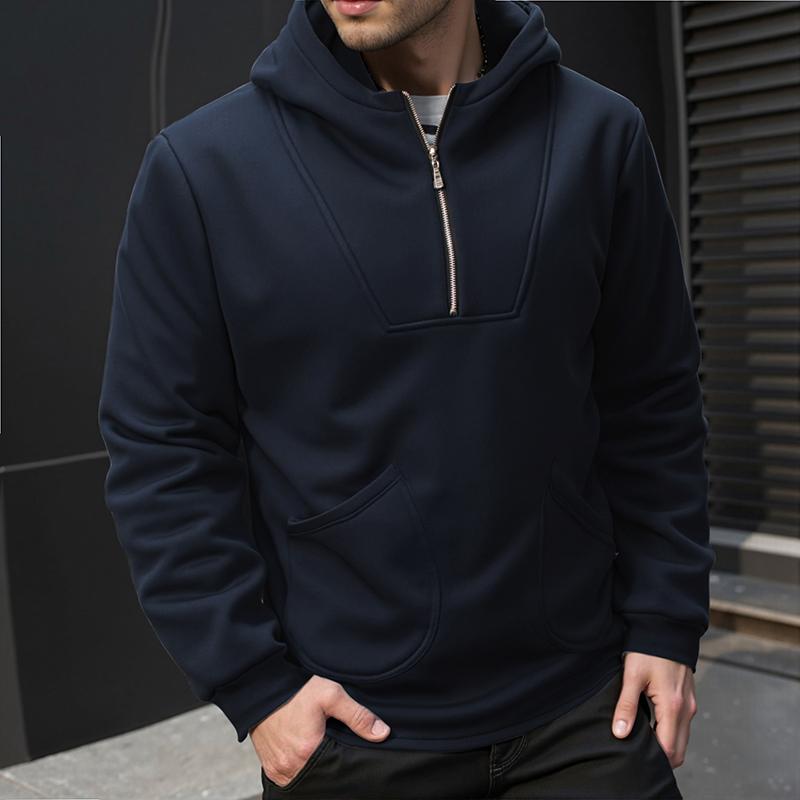 Men's Half Zipper Hooded Hoodies Solid Korean Sweatshirts Man Fashion Streetwear Hooded Sweatshirt Slanted Pocket Casual Hoodie
