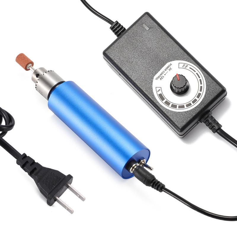 Modrá kovová mini elektrická bruska s britskou a americkou zástrčkou, 12V2A plynule nastavitelná rychlost, ruční malá elektrická vrtačka.