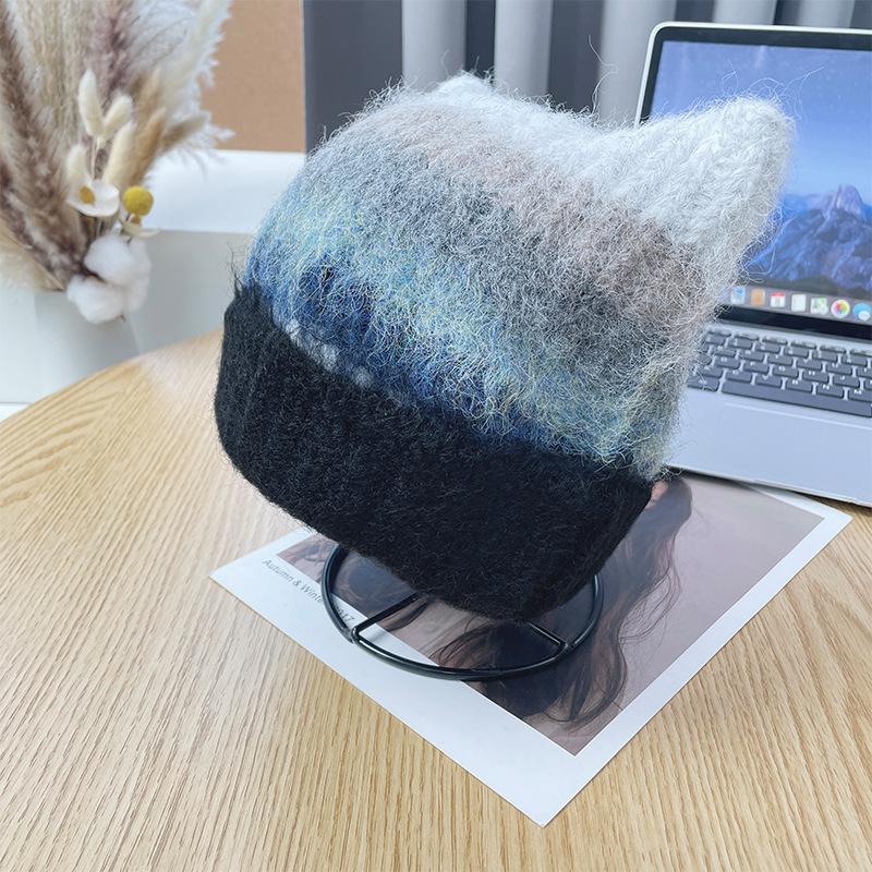 Retro contrasting color cat ears knitted hat female autumn and winter cartoon cute thickened warm ear protector wool cold hat