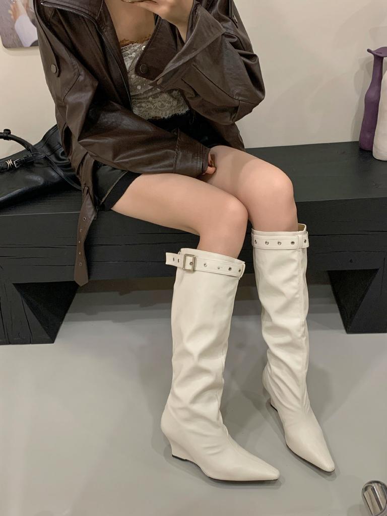 2025 new over-the-knee boots women's niche belt buckle stacking boots tall knight boots wedge heel western cowboy boots