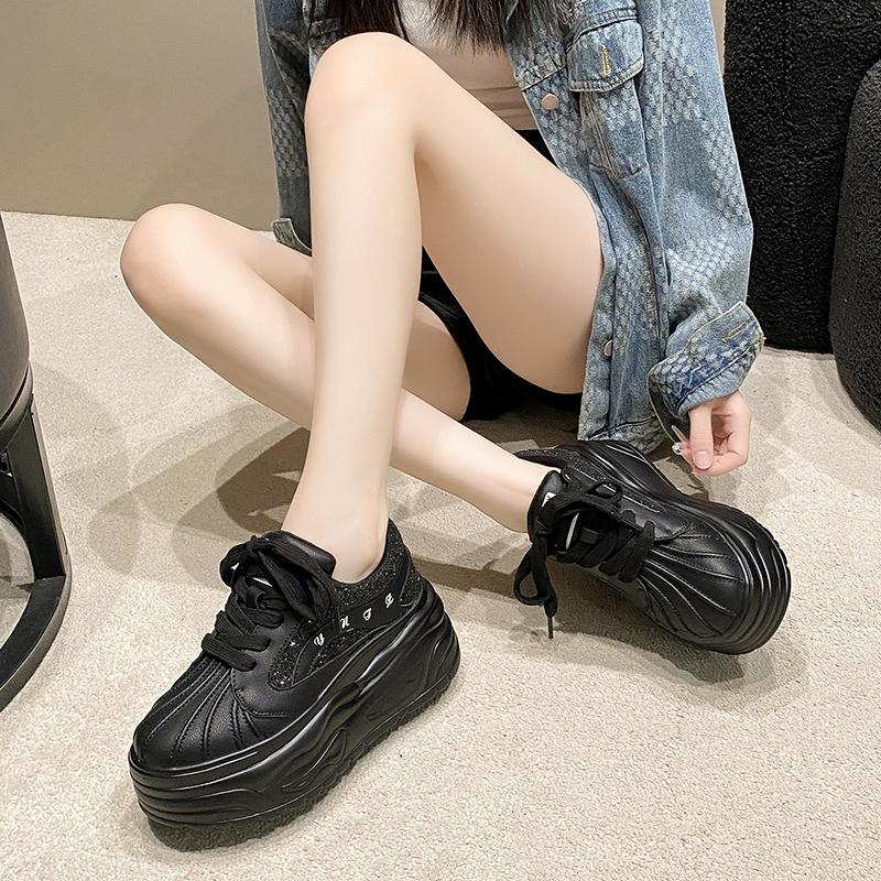 Women Spring Thick Bottom Genuine Leather Sneakers Chunky Breathable Casual Dad Shoes Female High Platform White Sport Shoes 8CM