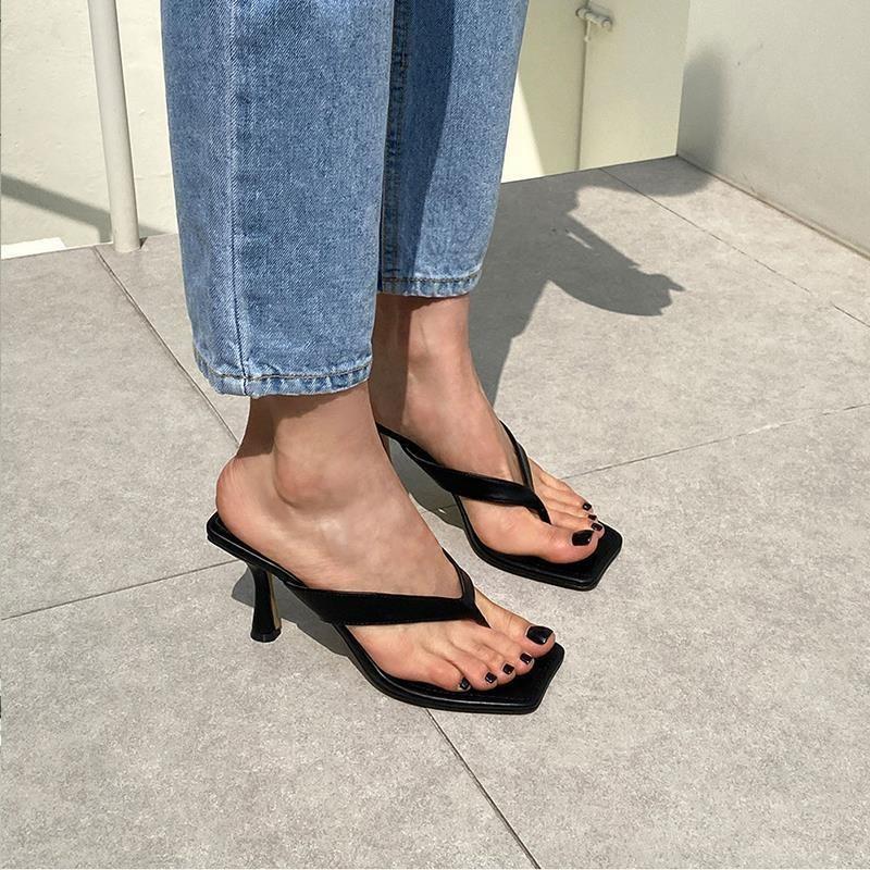 Square head white high-heeled flip-flops women's summer new temperament sexy stiletto toe slippers