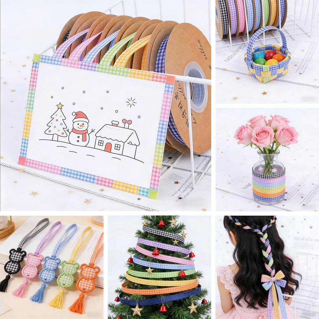8 Rolls Plaid Ribbon Grid Ribbon Checked Polyester Ribbon 3/8" Fabric Ribbon Roll for Hair Accessories Craft Christmas Gift Wrap