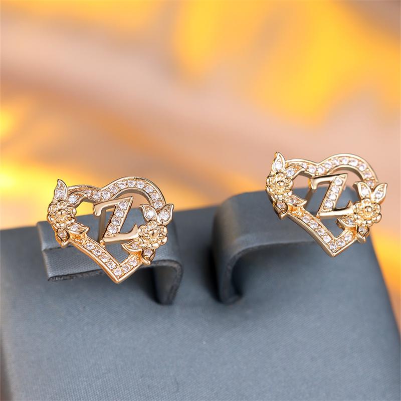 

1 пара серег золотого цвета с 26 английскими буквами в стиле сердца, серьги с цирконием и цветком, обручальное кольцо, ювелирные изделия, подарок на день Святого Валентина Z