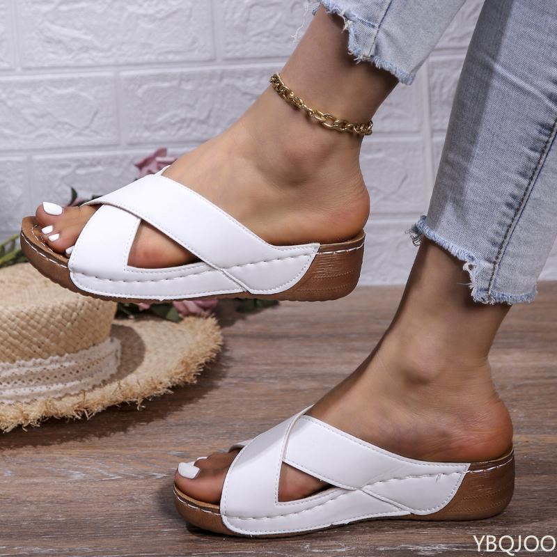 Fashion New Cross Strap Thick Soled Shoes Outdoor Solid Color Wedge Ladies Slippers Retro Beach Sandals Simple Comfortable Women's Shoes
