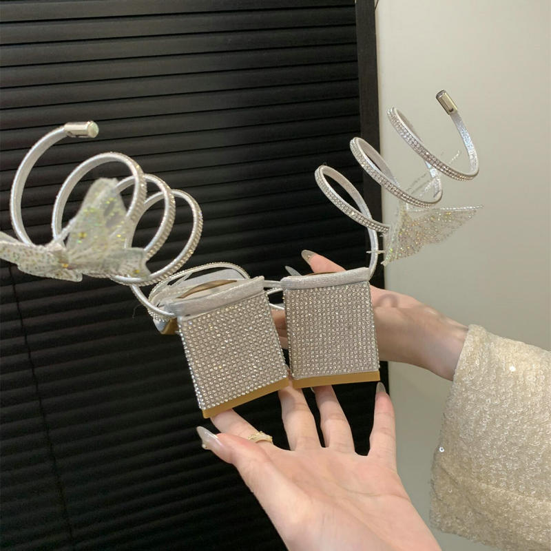 2005 Sparkling Sparkling Rhinestone Bow Entwined Ankle Strap Sandals For Women, Summer Thick Heel High Heels