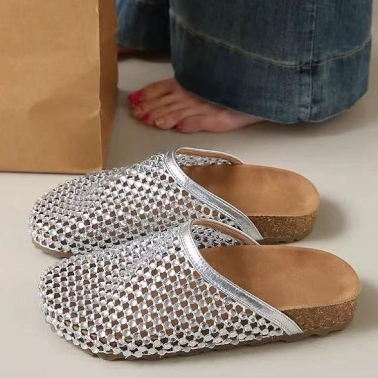 

Супер Популярные Женские Туфли с Водным Алмазом, Полностью Покрытые Алмазами, Полуботинки-шлепанцы с Сетчатым Носком, Плоские Ленивые Женские Сандалии 35