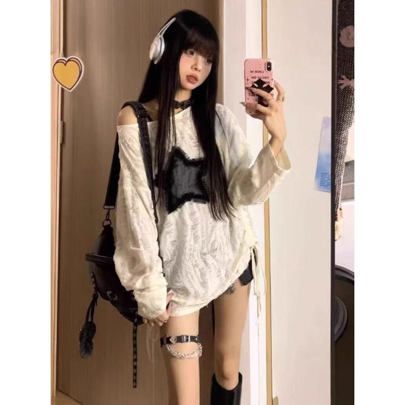 New Lazy Star Lace Long Sleeve Shirt Loose and Skinny Drawstring Ripped Sweet Cool Bottom Shirt Top