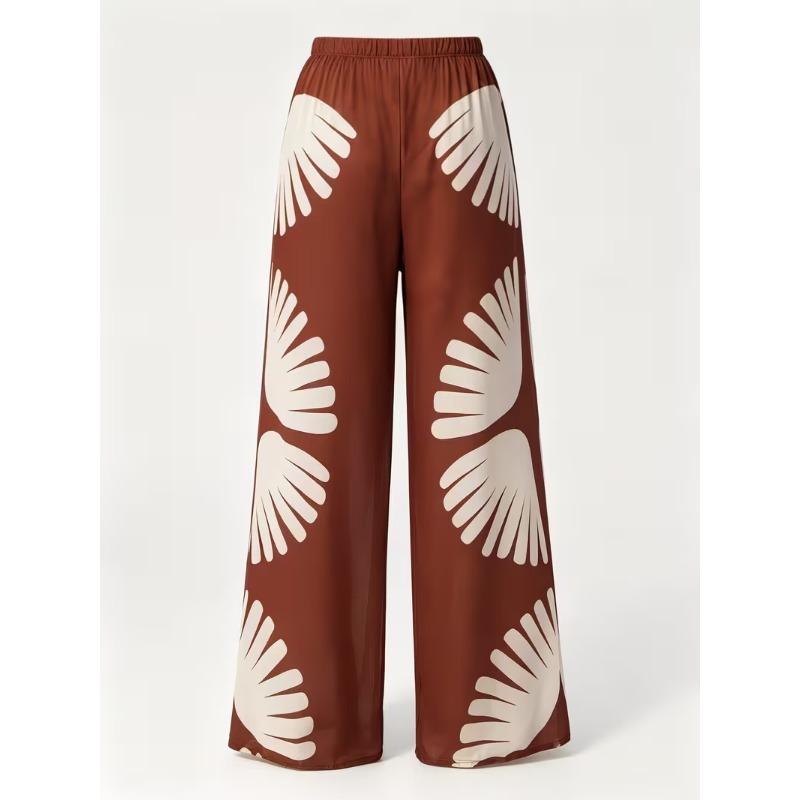 Women's Summer Versatile High-waisted Elastic Waist Printed Wide-leg Beach Pants, Lightweight and Sheer Casual Pants