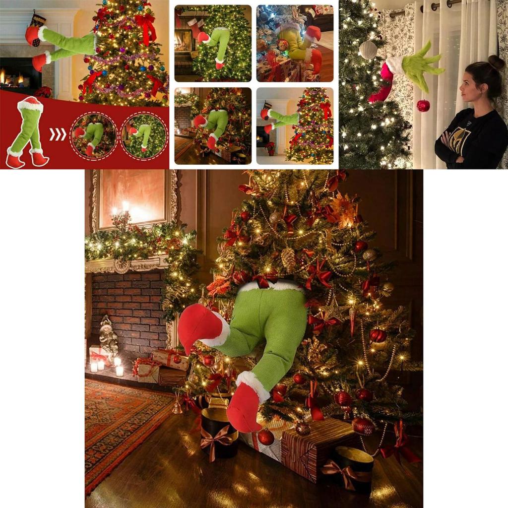Charming Grinch Christmas Decorations Furry Green Leg And Head Tree Ornament Set