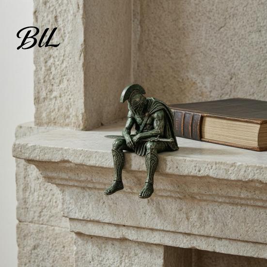 Handcrafted Decorative Figures Ancient Greek Warrior Shelf Sitter Statue, Sitting Soldier Figurine with Mythology Fan Gifts Helmet, Historical Desktop