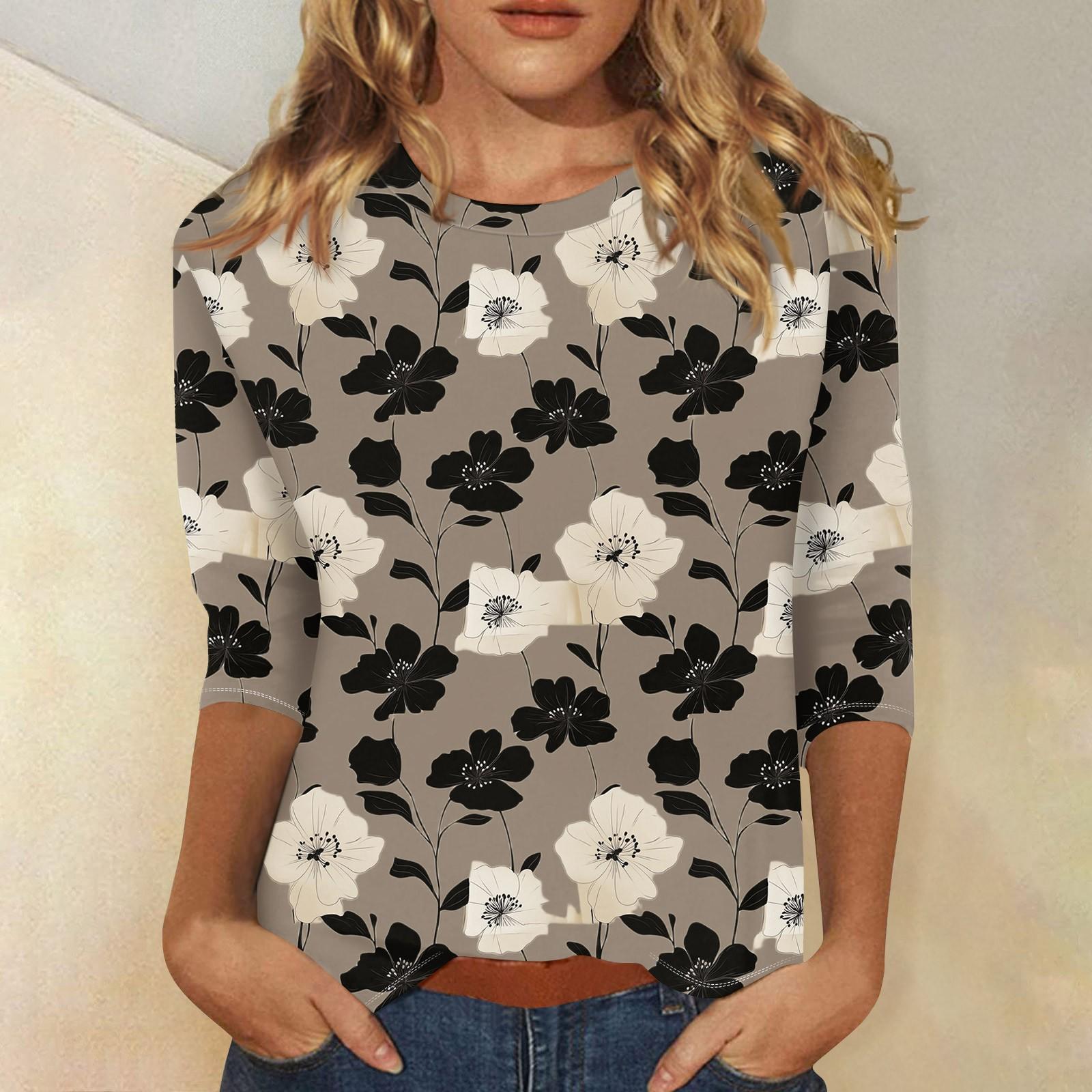 

Women s Casual Loose Printed Round Neck Top With Three Quarter Sleeves T Shirt Top L хакі