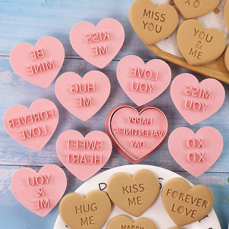10Pcs Valentines Day Cookie Mold Love Heart Shape Biscuit Fondant Embosser Stamp for Wedding Party Cake Decorating Baking Tools