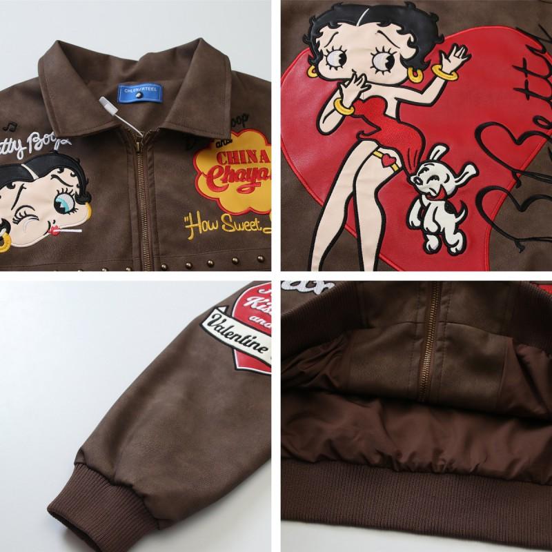 American Vintage Cartoon Embroidered Rivet Jacket Loose Fit Casual Couple Outerwear Men Women