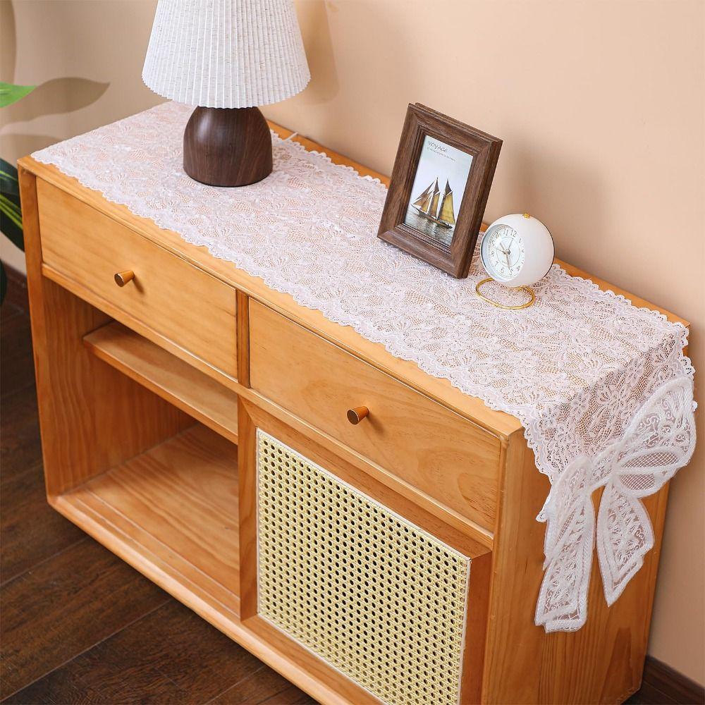 New White Lace Table Runner Floral Rectangle Table Flag Embroidered Semi-sheer Tablecloth Home Decor