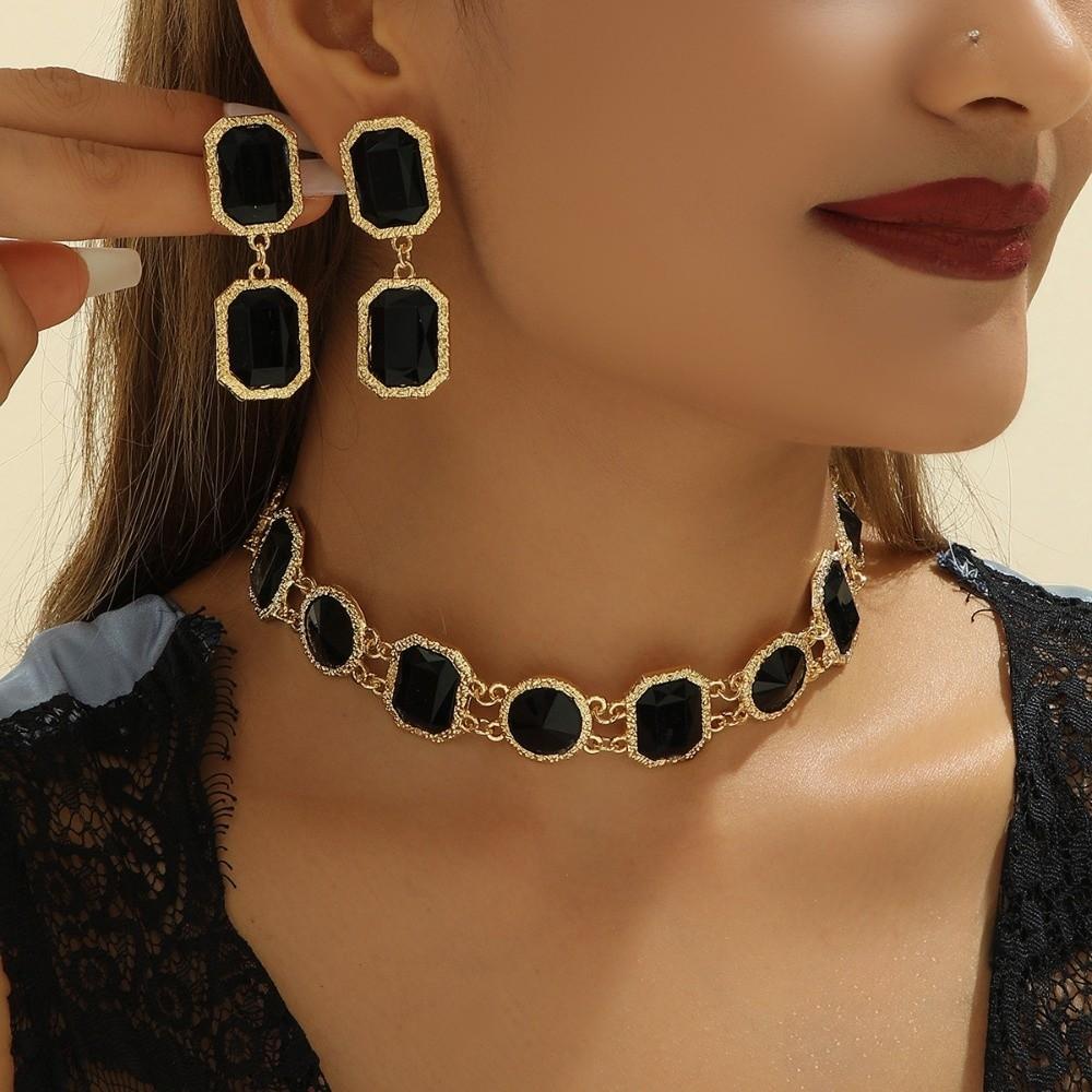 Collarbone Chain Retro Black Earrings Square Circular Dark Style Neck Chain Mourning