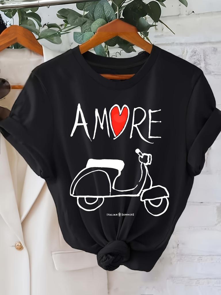 European sizes Women's Amore Short Sleeve T-Shirt - Minimalist Print Crew Neck Top, Casual Everyday Blouse for Spring Summer Outfits